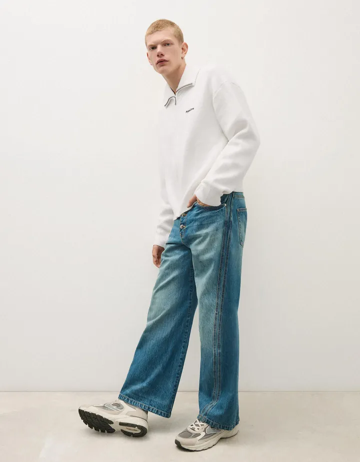 Bershka Chaqueta Punto Cremallera Boxy Hombre L Blanco Roto