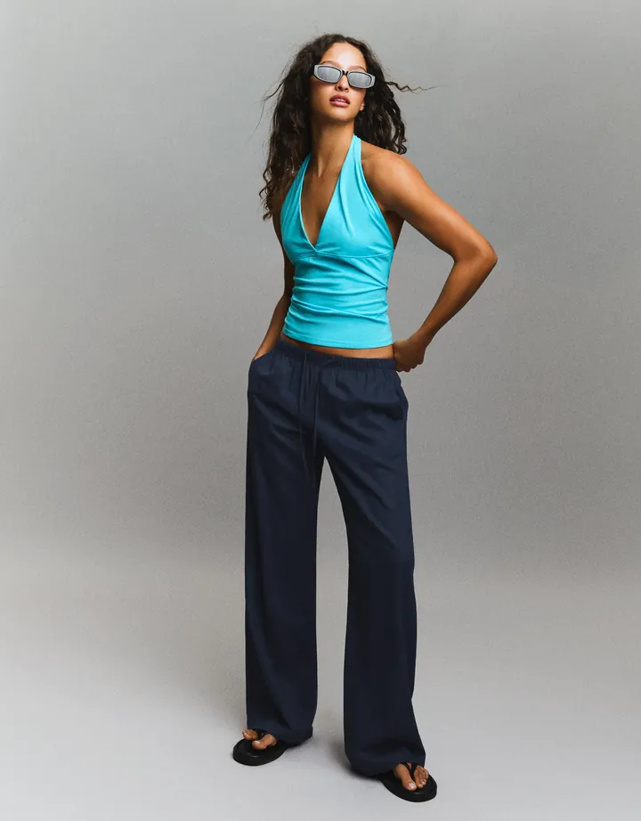 Bershka Pantalón Cintura Elástica Mujer 10-12 Azul