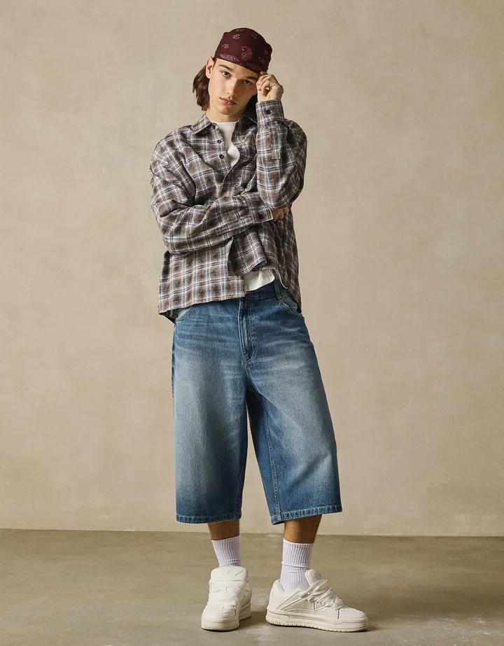 Bershka Bermuda Denim Super Baggy Hombre 32 Azul Lavado