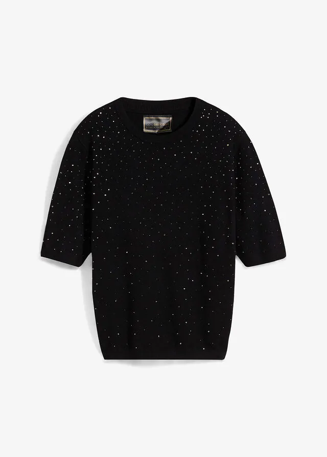Jersey de punto fino de media manga con piedras brillantes