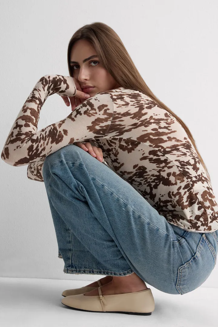 Intimissimi Camiseta de Manga Larga de Modal Ultralight con Cashmere Estampado Vaca Mujer Impreso Tamaño L