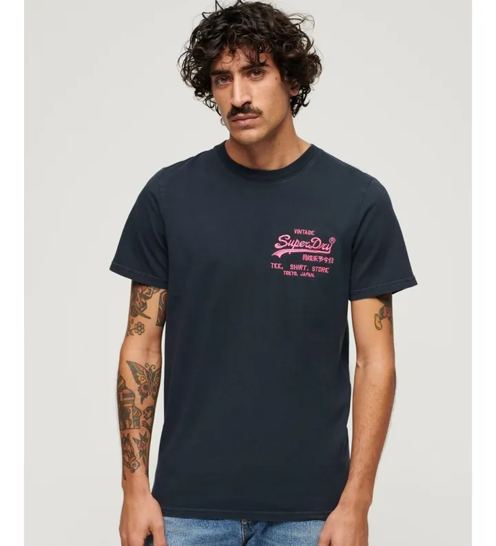 Superdry para hombre. M1011922A Camiseta flúor con logo Vintage marino (M), Casual, Algodón, Manga corta