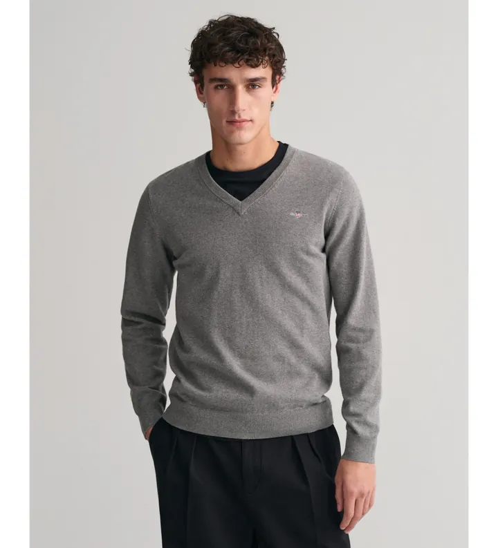 Gant para hombre. 8030562 Jersey clásico con cuello en V gris (L), Casual, Algodón, Manga larga