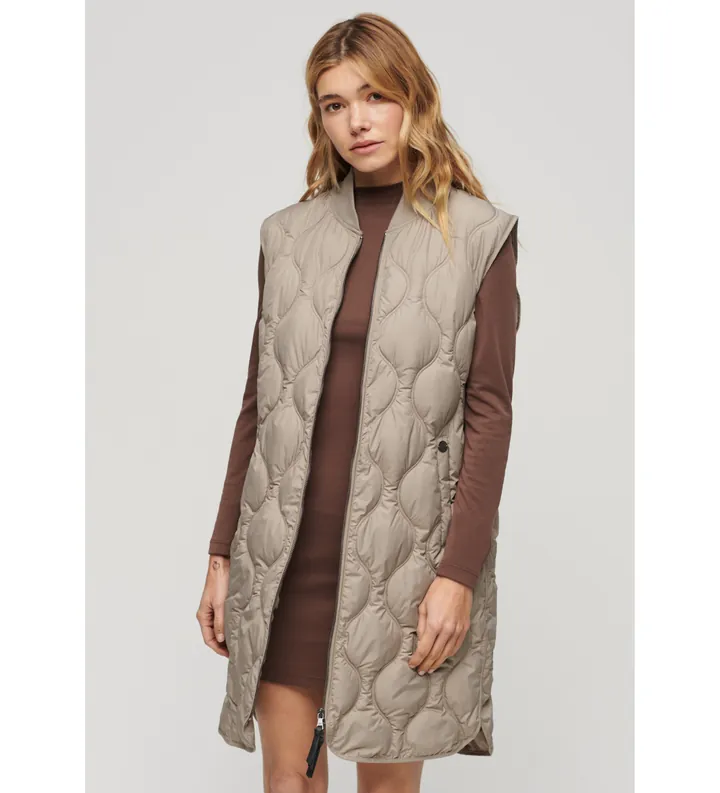 Superdry para mujer. W5011659A Chaleco largo con forro Studios beige (L), Casual, Poliéster Reciclado