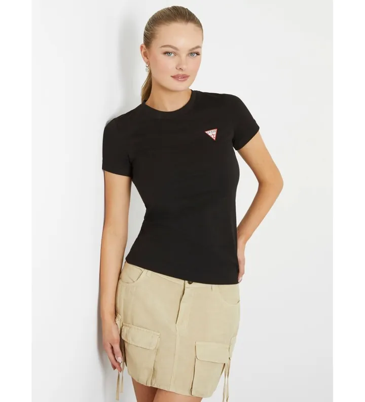 Guess para mujer. W2YI44J1314 Camiseta elástica con logotipo triángulo pequeño negro (M), Casual, Algodón, Manga corta
