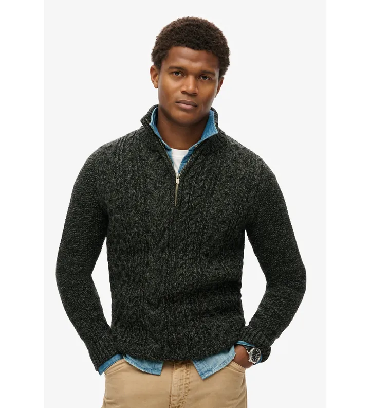 Superdry para hombre. M6110639A Jersey de punto trenzado con media cremallera Jacob negro (L), Casual, Acrílico
