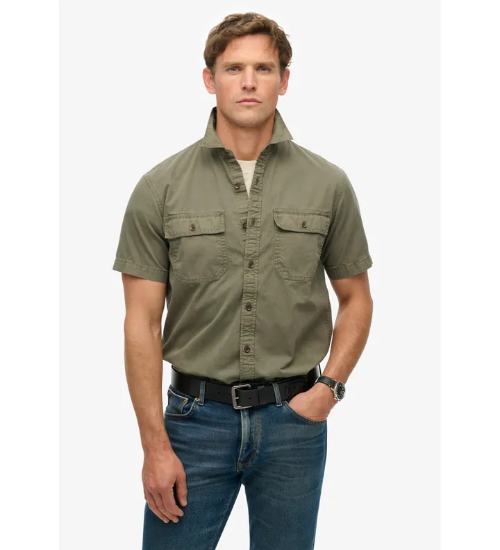 Superdry para hombre. M4010946A Camisa militar de manga corta verde (S), Casual, Algodón