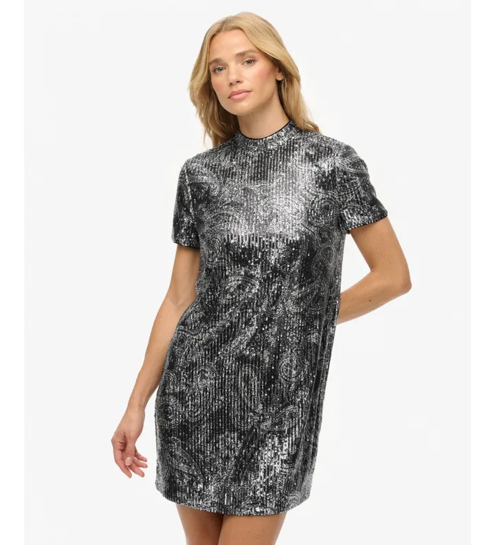 Superdry para mujer. W8012021A Vestido Sequin plateado (L), Plata, Fiesta, Poliéster, Manga corta