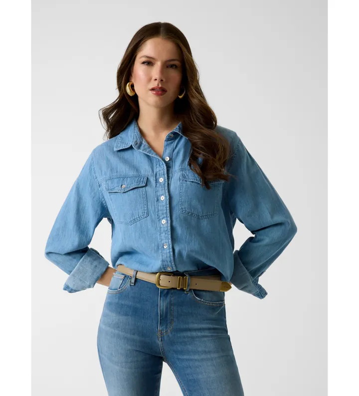 Guess para mujer. W6GH55D0876 Camisa Wren Denim azul (L), Casual, Algodón, Manga larga