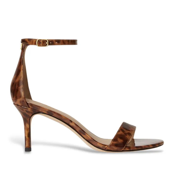 Lauren Ralph Lauren para mujer. 802P15743001 Sandalias Allie de carey con tacón medio marrón (36), Piel, 5 a 8cm, Hebilla, Casual, Fiesta