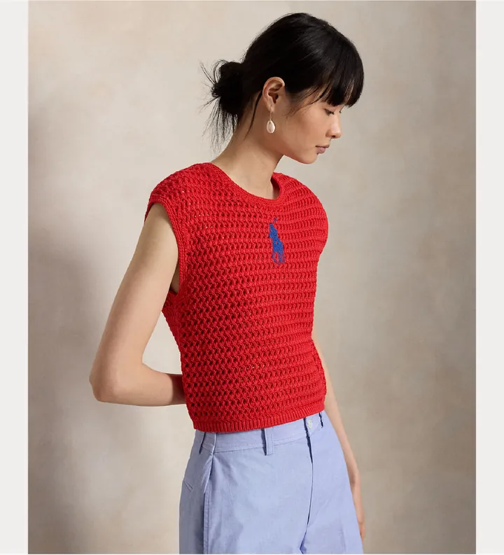 Polo Ralph Lauren para mujer. 211A12704001 Jersey de croché de algodón con Big Pony rojo (M), Casual, Sin mangas / Tirantes