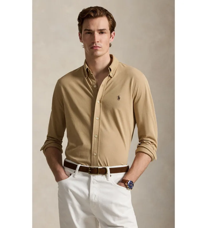 Polo Ralph Lauren para hombre. 710654408503 Camisa de piqué ultraligera beige (L), Casual, Algodón, Manga larga