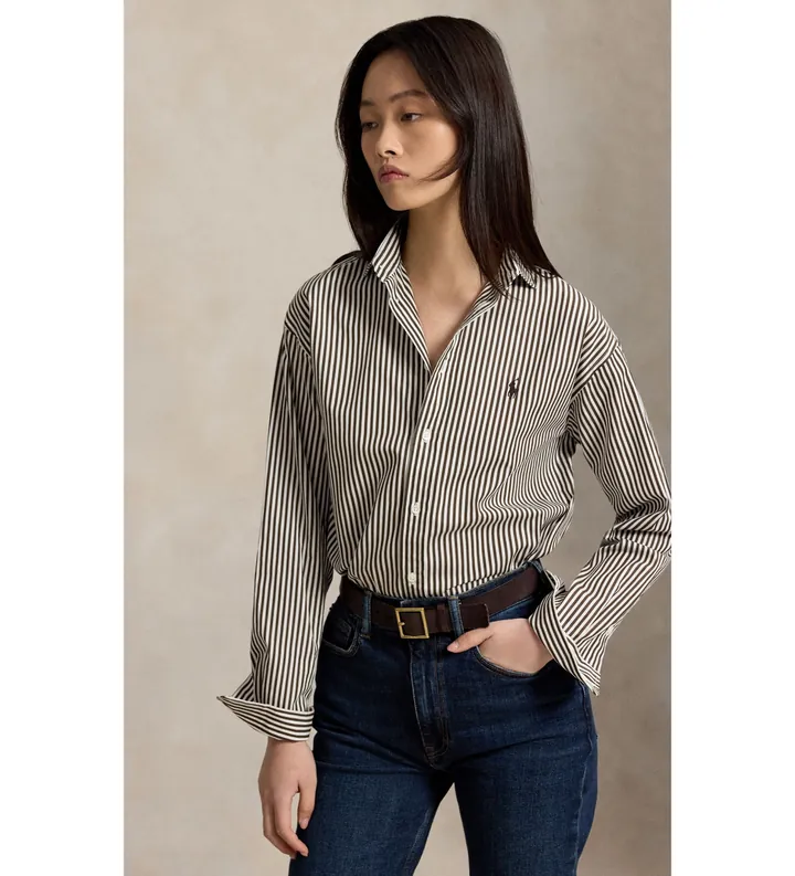 Polo Ralph Lauren para mujer. 211910743510 Camisa de algodón con rayas Relaxed Fit (L), Marrón, Casual, Manga larga