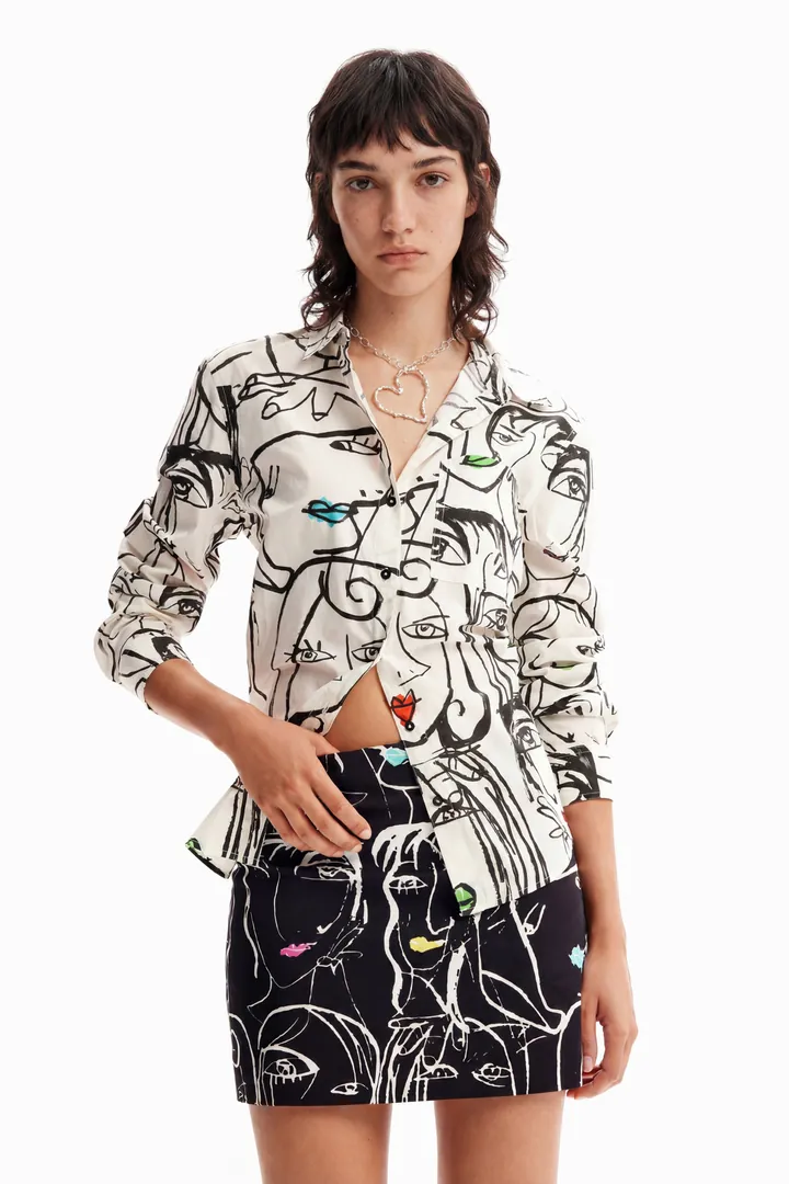 Desigual, Minifalda slim caras, Algodon, Negro, L