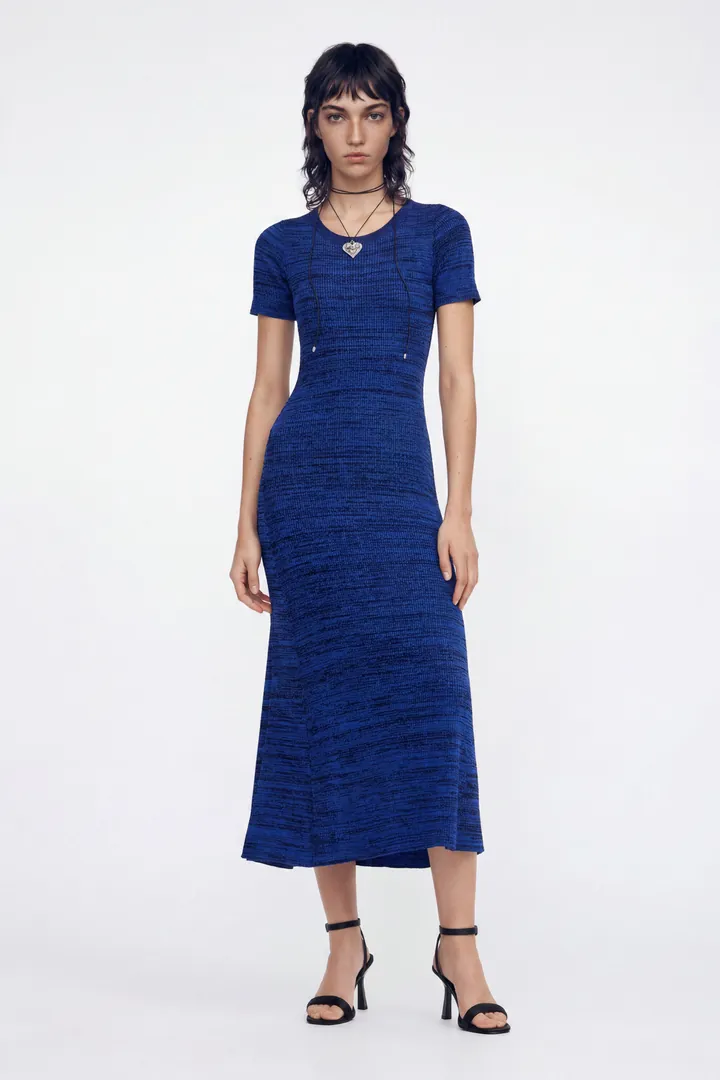Desigual, Vestido largo canalé jaspeado, Azul, L