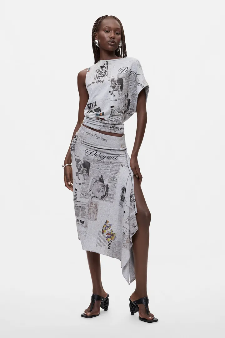 Desigual, Falda Asimétrica Estampada, Mujer, Viscosa, Negro, L