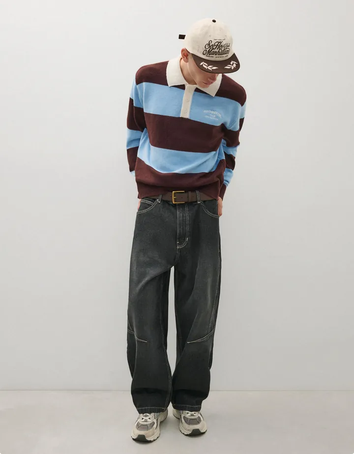 Bershka Jersey Cuello Polo Contraste Rayas Hombre L Marrón