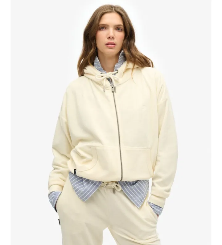Superdry para mujer. W2012369A Sudadera con capucha y cremallera Velour blanco roto (M), Casual, Algodón