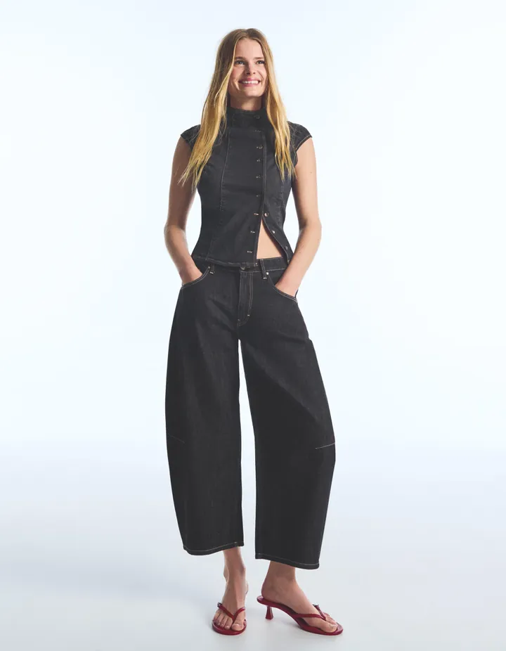 Bershka Jeans Barrel Cropped Mujer 32 Marino