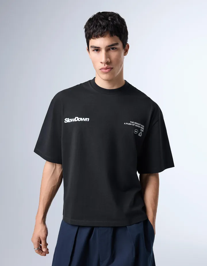 Bershka Camiseta Boxy Street Lettering Hombre L Marino