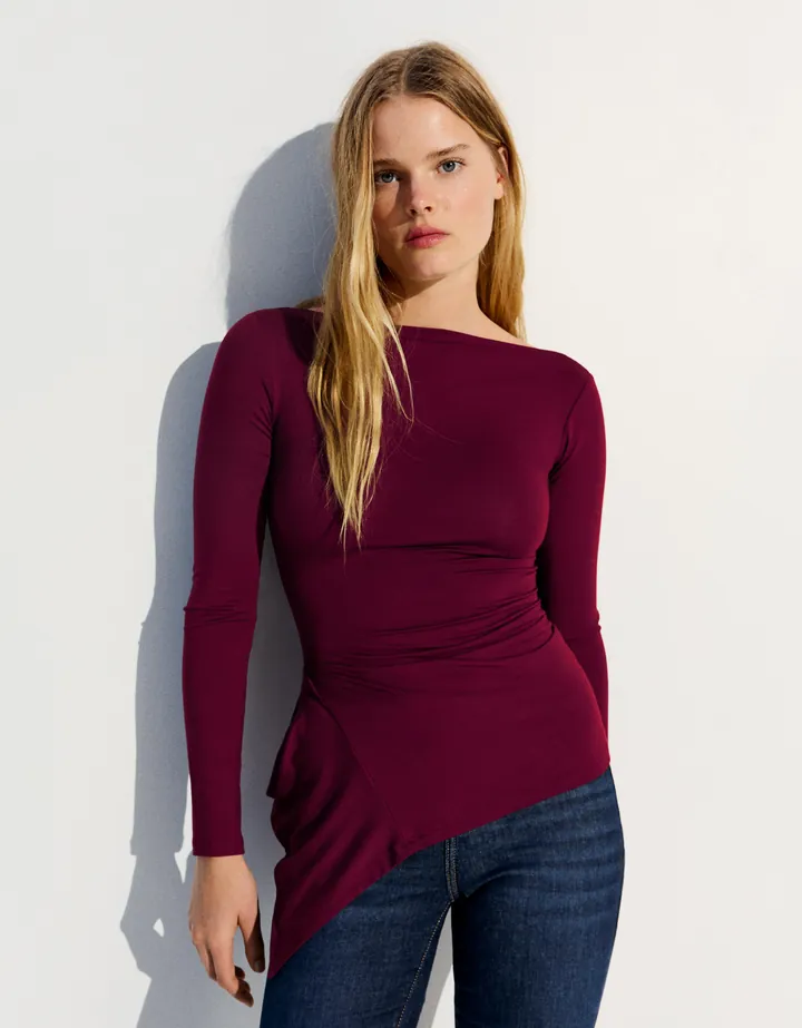 Bershka Camiseta Manga Larga Asimétrica Fruncido Mujer L Burdeos