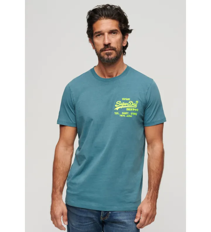 Superdry para hombre. M1011922A Camiseta flúor con logo Vintage azul (S), Casual, Algodón, Manga corta