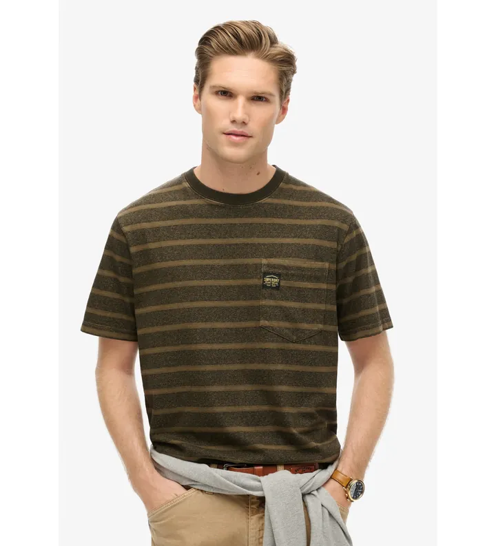 Superdry para hombre. M1012043A Camiseta de rayas con textura y bolsillo marrón (L), Casual, Algodón, Manga corta
