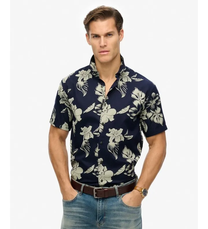Superdry para hombre. M4010947A Camisa con estampado hawaiano azul (L), Casual, Modal, Manga corta, Marino