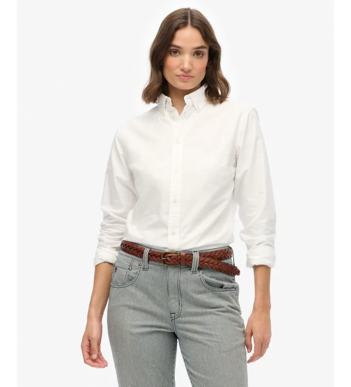 Superdry para mujer. W4010565A Camisa Oxford Slim blanco (L), Casual, Algodón, Manga larga