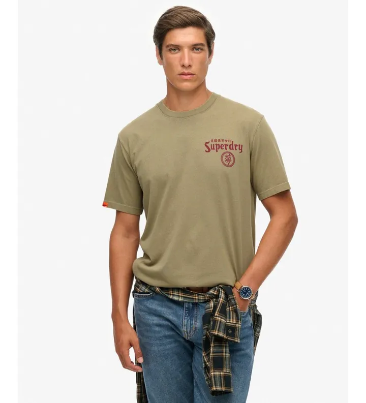 Superdry para hombre. M1012248A Camiseta Tokyo Narrative Loose verde oscuro (L), Casual, Algodón, Manga corta