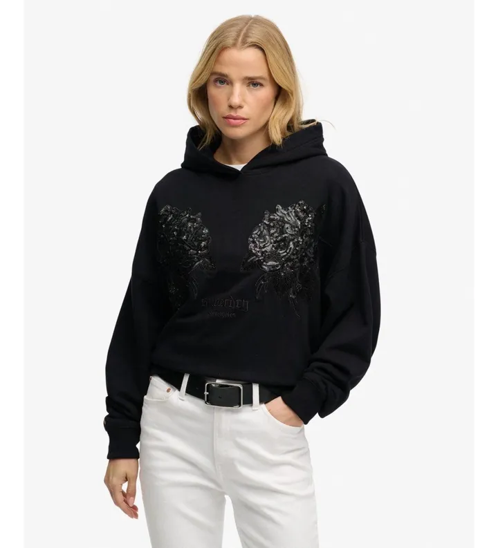 Superdry para mujer. W2012463A Sudadera Tattoo Embellish Oversize negro (L), Casual, Algodón