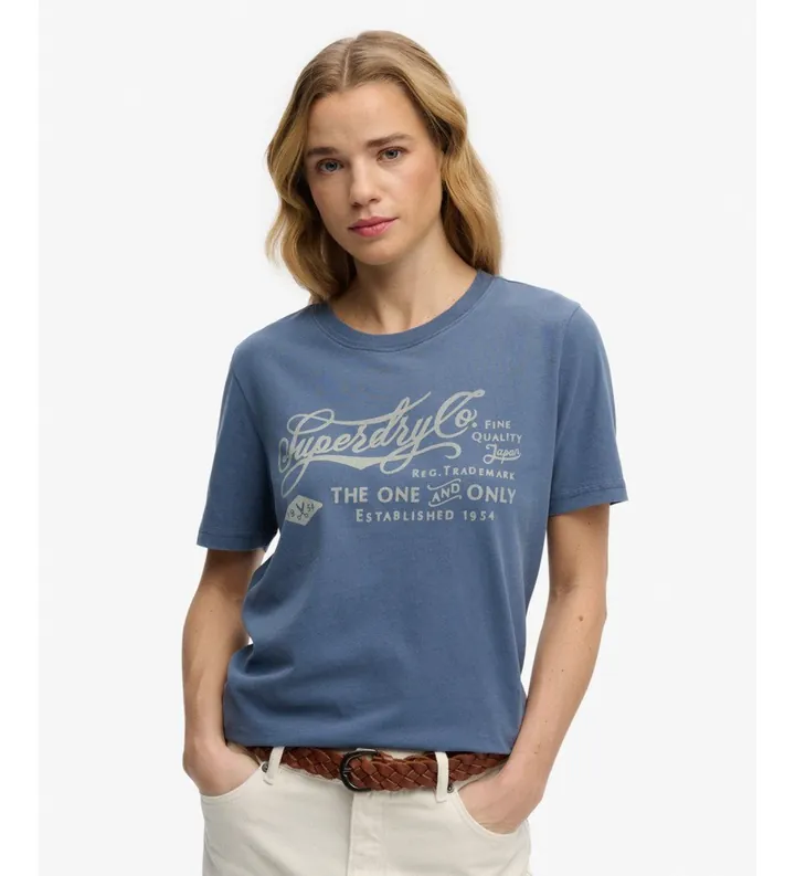 Superdry para mujer. W1011850A Camiseta Insutry Worker azul (M), Casual, Algodón, Manga corta