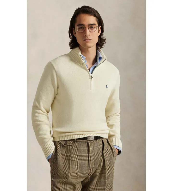 Polo Ralph Lauren para hombre. 710859939503 Jersey de algodón con cremallera corta beige (L), Casual, Clásico