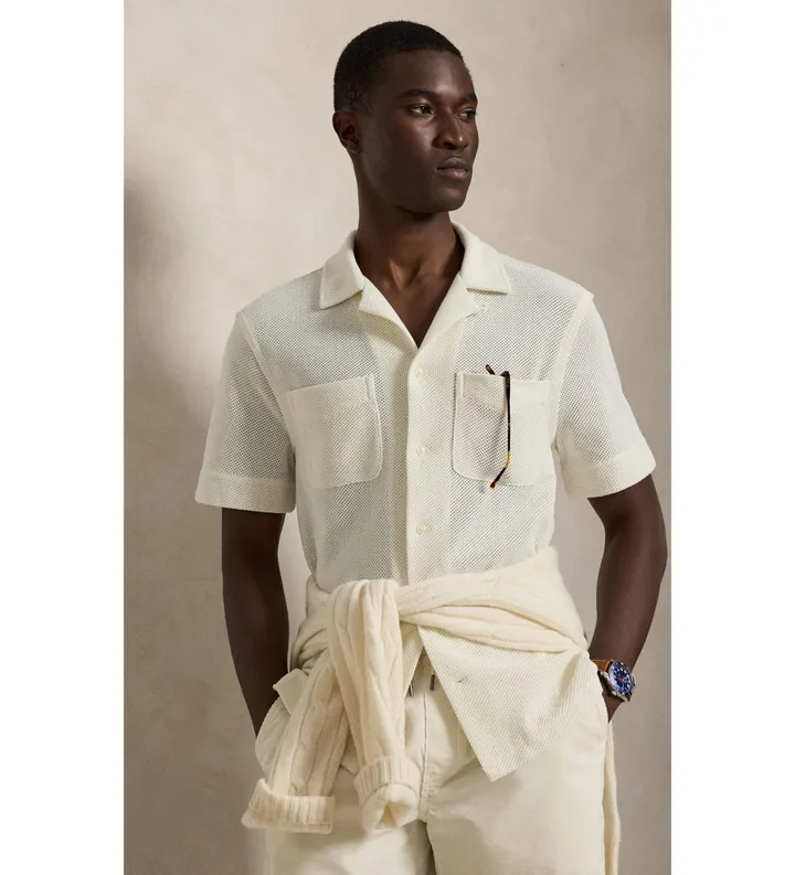 Polo Ralph Lauren para hombre. 710B18536002 Camisa de pointelle con textura blanco crema (L), Casual, Algodón, Manga larga