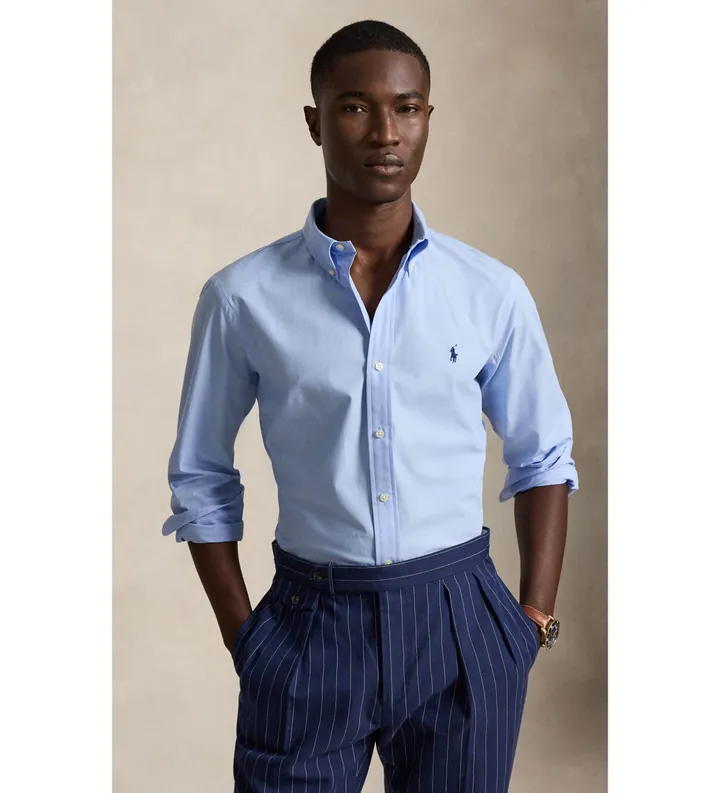 Polo Ralph Lauren para hombre. 710929349009 Camisa de popelina elástica Custom Fit azul (M), Casual, Algodón, Manga larga