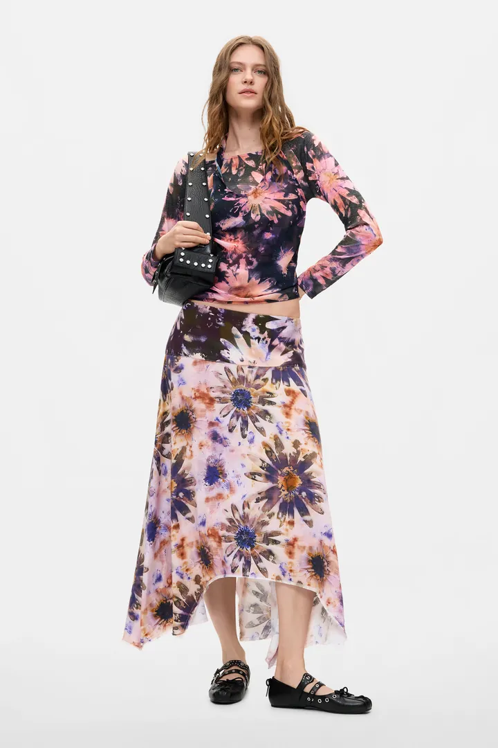 Desigual, Falda Estampada Asimétrica, Mujer, Lyocell, Rojo, L