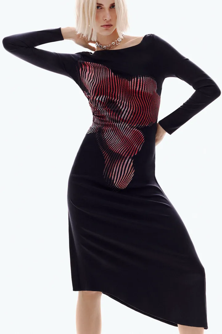 Desigual, Vestido midi pixelado, Mujer, Viscosa, Negro, L