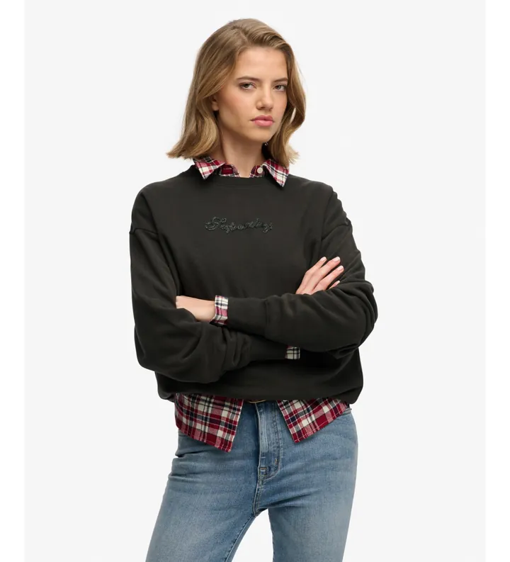 Superdry para mujer. W2012635A Sudadera Script Brand negro (L), Casual, Algodón, Manga larga