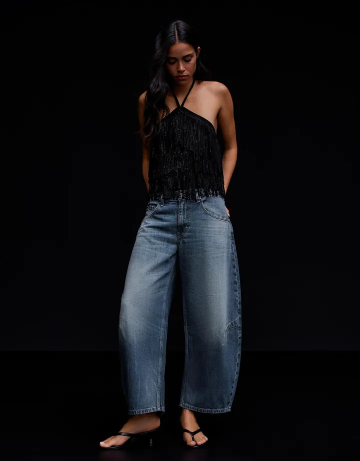 Bershka Jeans Barrel Cropped Mujer 32 Azul Lavado