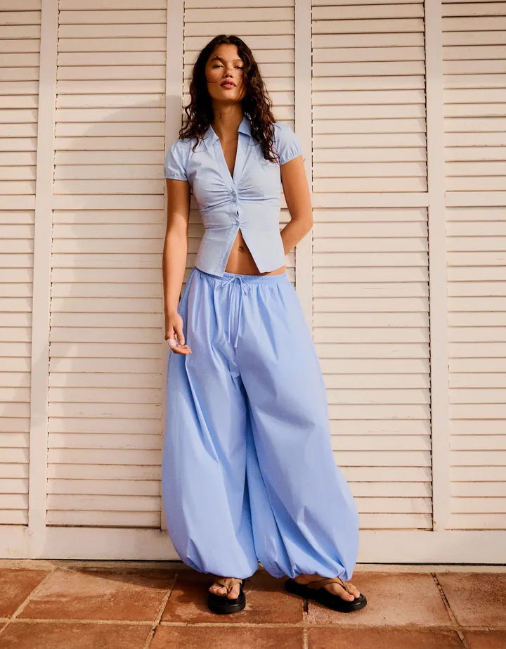 Bershka Pantalón Bloomer Popelín Mujer L Azul