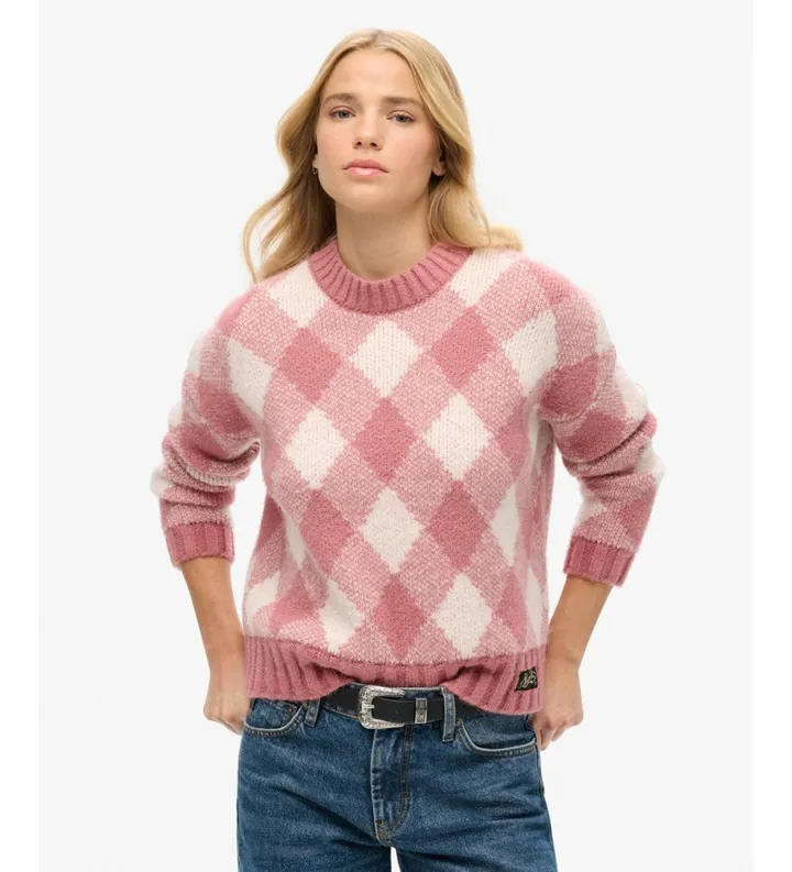 Superdry para mujer. W6110574A Jersey con estampado Argyle rosa (L), Casual, Acrílico