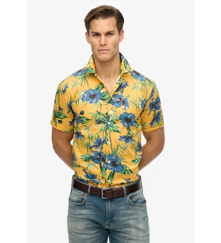 Superdry para hombre. M4010947A Camisa con estampado hawaiano amarillo (L), Casual, Modal, Manga corta