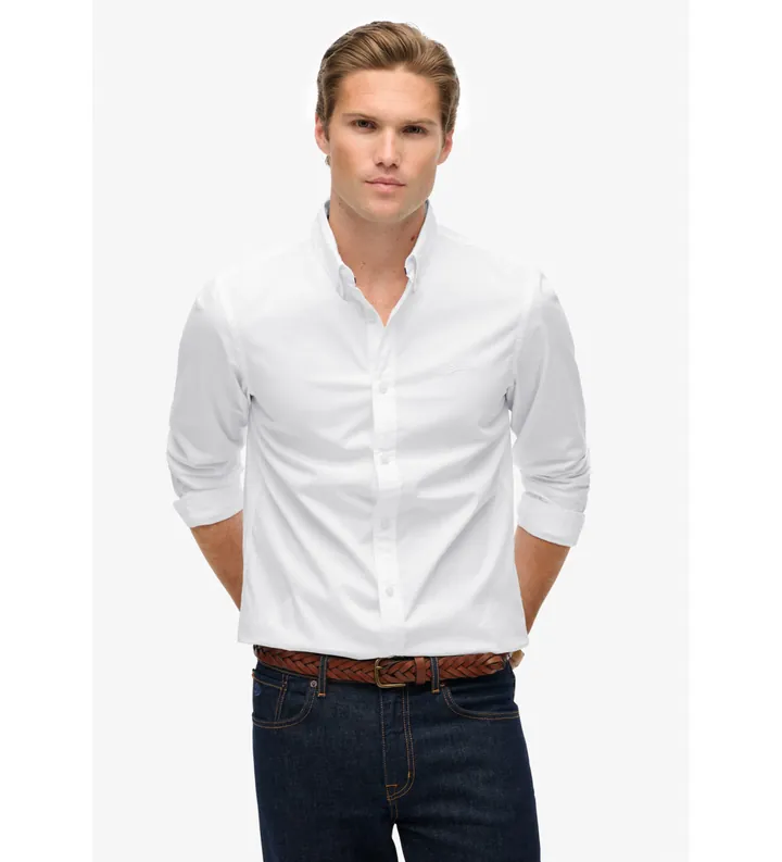 Superdry para hombre. M4011064A Camisa Essentials Tailored Lite blanca (L), Blanco, Algodón, Clásico, Manga larga