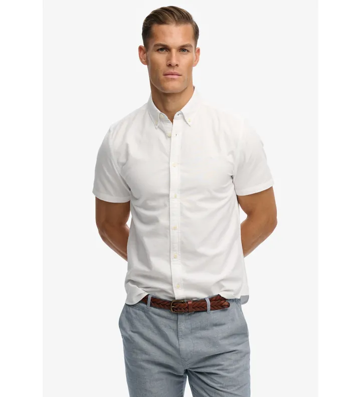 Superdry para hombre. M4011101A Camisa Preppy Oxford blanco (L), Casual, Algodón, Clásico, Manga corta