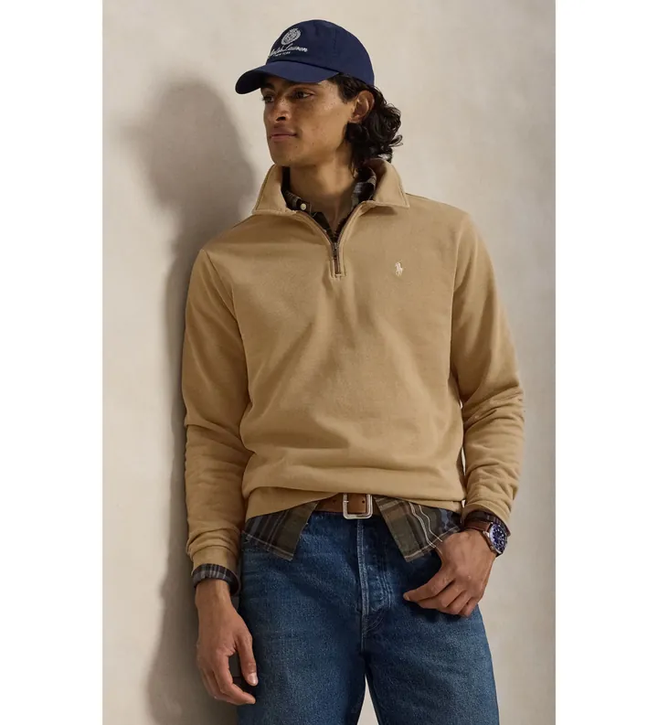 Polo Ralph Lauren para hombre. 710B18911003 Sudadera de rizo con cremallera corta beige (L), Casual, Algodón