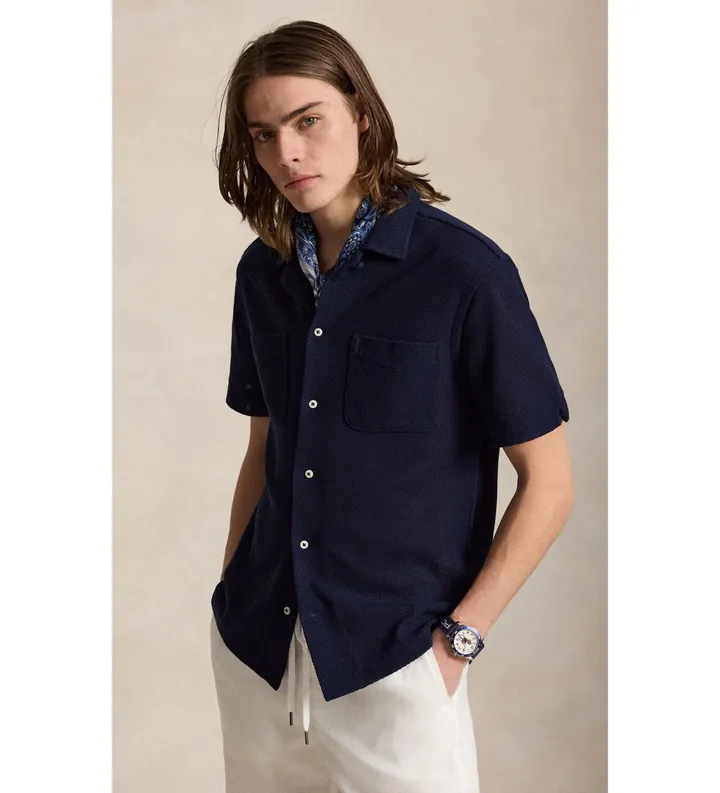 Polo Ralph Lauren para hombre. 710B18536004 Camisa de pointelle con textura mairno (L), Casual, Algodón, Manga larga, Marino