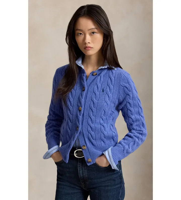Polo Ralph Lauren para mujer. 211972104501 Cárdigan de lana y cachemira azul (L), Casual