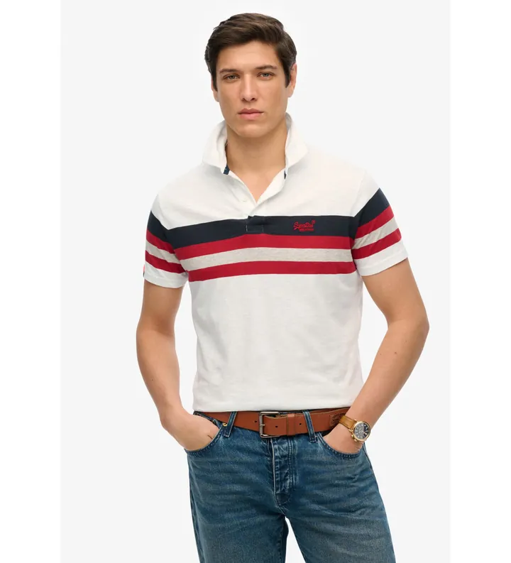 Superdry para hombre. M1110424A Polo ligero de punto con rayas blanco (L), Casual, Algodón, Manga corta