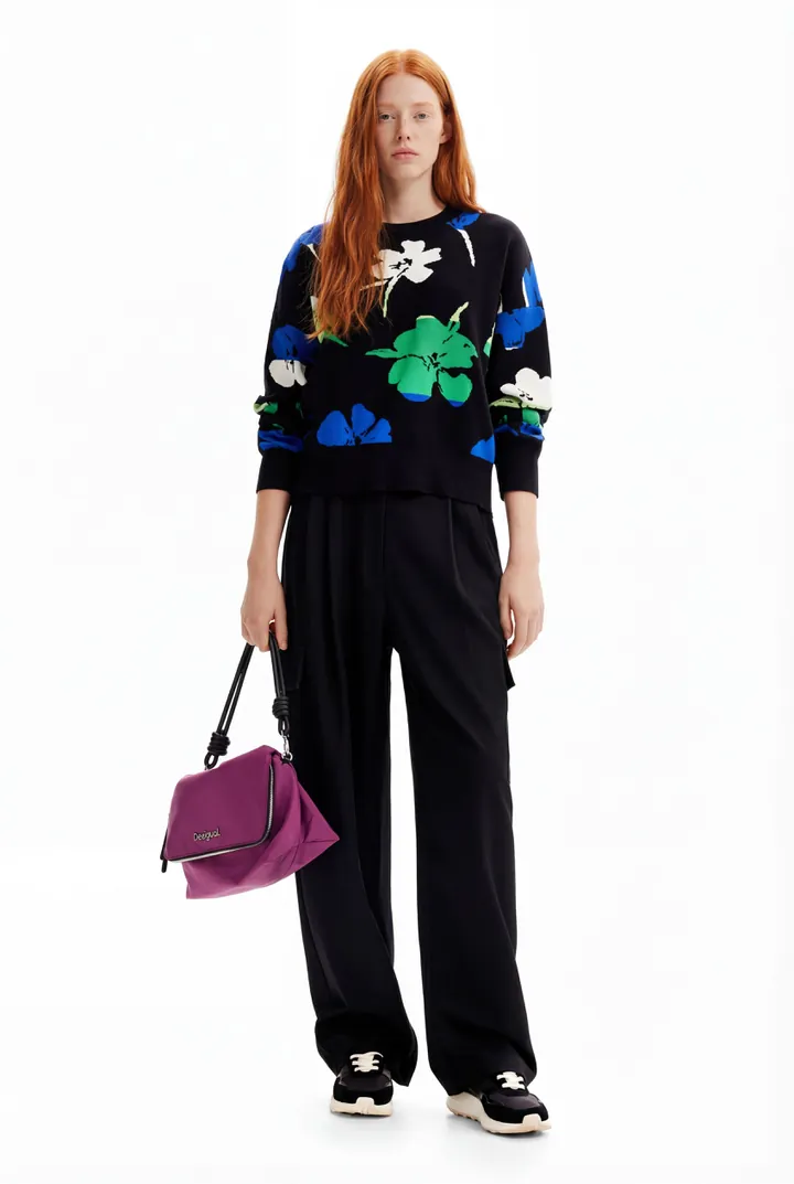 Desigual, Jersey oversize flores, Negro, L
