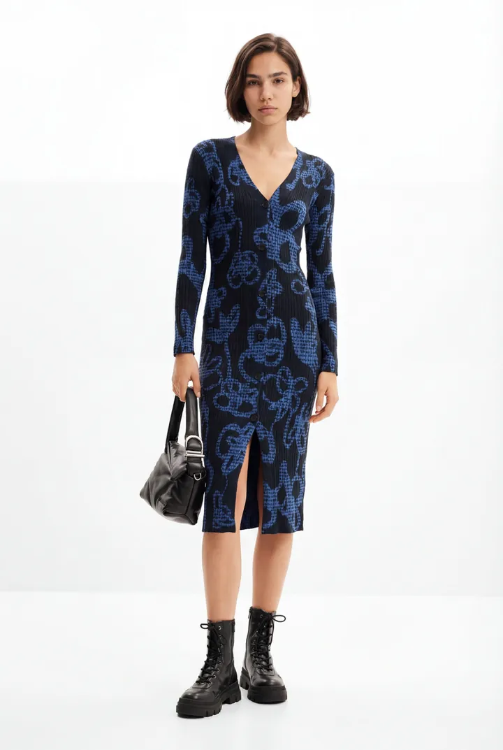 Desigual, Vestido midi punto flores, Negro, L